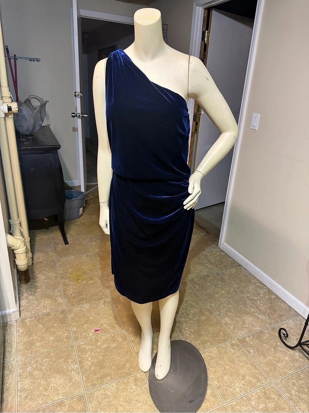 Ralph Lauren One Shoulder Dress in Velvet Blue